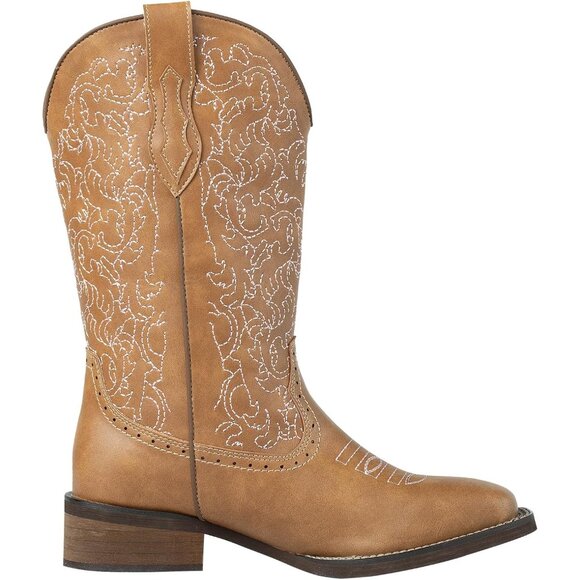 Brown Wide Square Toe Mid Calf Ladies Western Cowgirl Boots Cowboy Boots - Picture 8 of 9